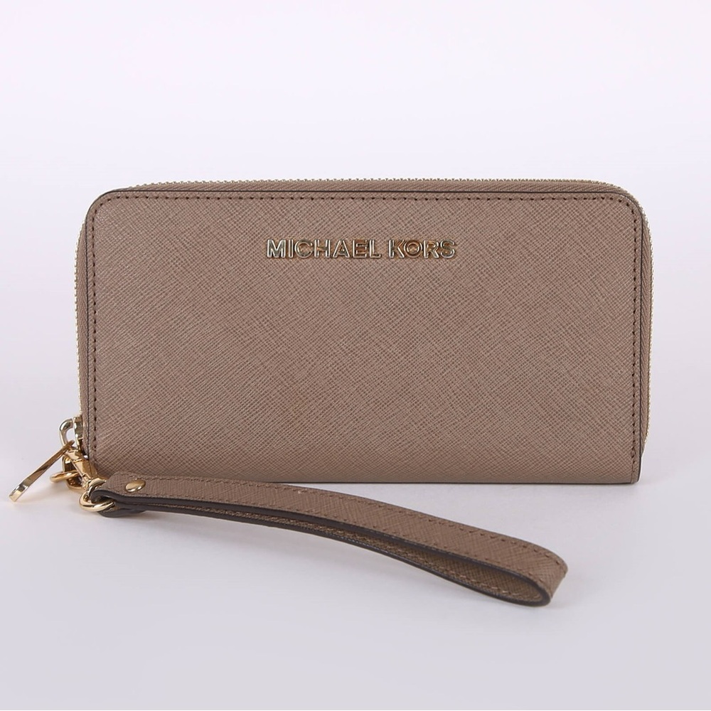 Michael Kors Jet Set Travel Saffiano Leather Wristlet Taupe Wallet
